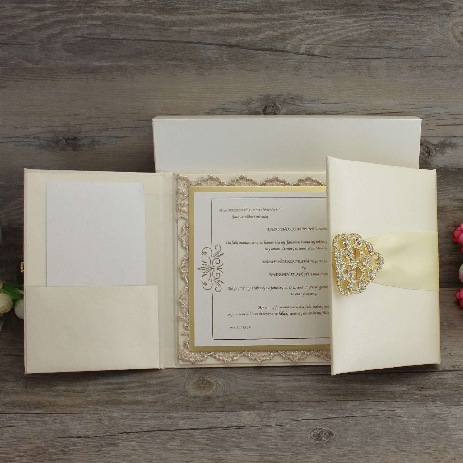 Silk Invitation Card with Paper Pocket Champagne Wedding Card Customized